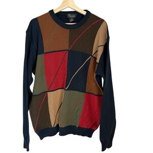 Tosani Sweater Size L Crewneck Mens Geometric Multicolor Navy Brown Tan Red